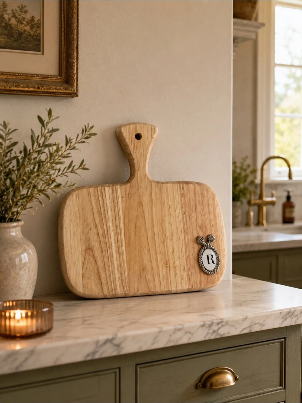 Natural Wood Handle Cutting Board with Monogram Accent - Beige